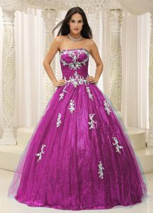 Fuchsia Strapless Prom Evening Dress with Silver Appliques