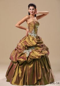 Brown Strapless Prom Dresses with Pick-ups and Appliques