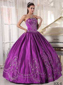 Purple Dress For Quinceaneras by Satin with Strapless neck and Embroidery