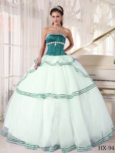 Teal and White Organza Quince Dress with Strapless Neck and Appliques
