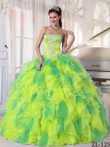 Paris Fashion Week Yellow and Green Dress For Quince with Beaded Bodice and Ruffled Skirt