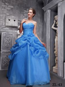 Blue Organza Sweet Sixteen Quinceanera Dresses with Beading and Ruches