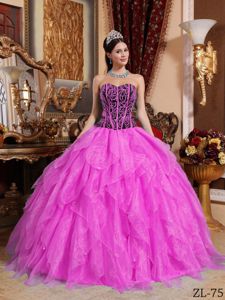 Hot Pink Sweetheart Quince Dress by Organza with Embroidery and Beading