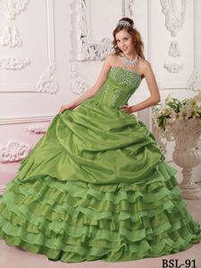 Olive Green Taffeta Sweet Sixteen Dresses with Beaded Bust and Layered Skirt