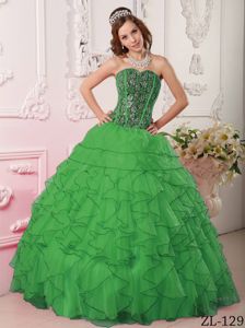 Dark Green Quince Gown with Bodice by sequined Fabric and Ruffled Skirt