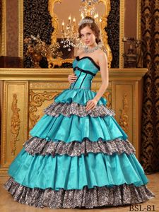 Turquoise Quinceanera Dress with Sweetheart Neck and Leopard Print layers