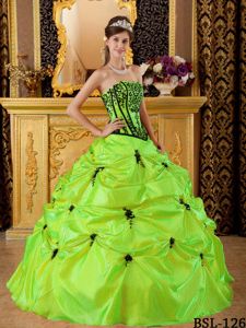 Yellow Green Taffeta Strapless Dress For Quinceaneras with Black Embroidery
