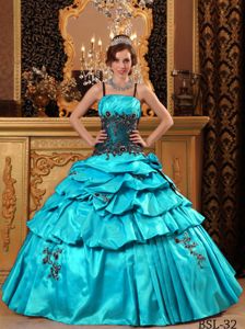 Baby Blue Taffeta Quinceanera Gown with Spaghetti Straps and Appliques