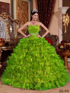 Spring Green Sweetheart Quinceanera Gowns with Ruches and Ruffled Skirt