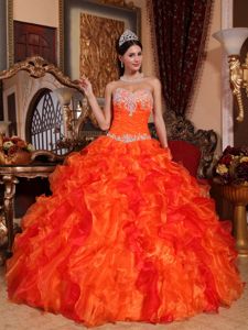 Orange Sweetheart Organza Quinceanera Dress with Appliques and Ruffles