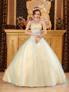 Champagne Sweet Sixteen Quinceanera Dresses with Blue Tulle Overlay