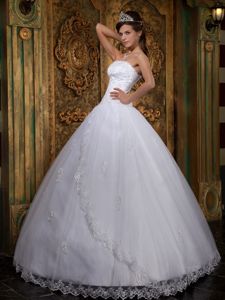 White Quince Gown by Satin and Tulle with Strapless Neck and Appliques