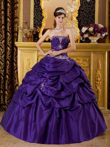 Purple Strapless Quinceanera Gown by Taffeta with Appliques and Beading