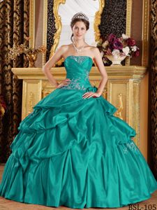 Turquoise Quinceanera Dress by Taffeta with Appliques and Pick-ups