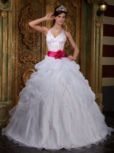 White A-line Halter Quinceanera Dress with Beading and Hot Pink Sash