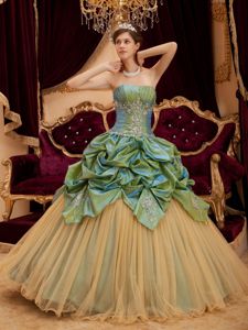 Olive Green and Gold Sweet 16 Dresses by Taffeta and Tulle with Beading