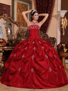 Wine Red Strapless Quinceanera Dress by Taffeta with Appliques for 2013