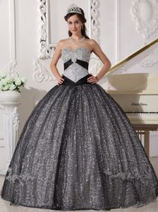 Black and Silver Sweetheart Quinceanera Gown Dress by Sequined Fabric
