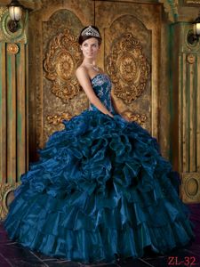 Teal Organza Strapless Quinceanera Dress with Appliques and Ruffles