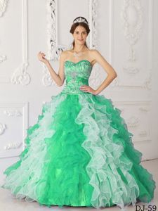 Green and White Quinceanera Gown Dress with Bodice by Zebra Print Fabric