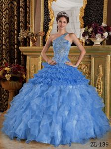 Satin Organza Embroidery Sky Blue Ruffled Quinceaneras Dress