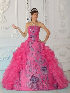 Strapless Ruffled Hot Pink Sweet 15 Dresses with Embroidery