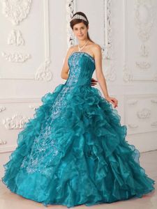 Teal Ball Gown Strapless Embroidery Quinces Dresses