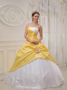 Yellow and White Sweet Sixteen Quinceanera Dress with Flower