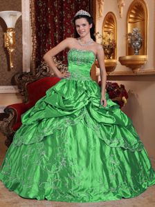 Taffeta Green Pick-ups Sweet Sixteen Dresses with Embroidery