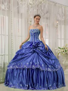 Strapless Corset Pick Ups Appliqued Blue Sweet Sixteen Dresses