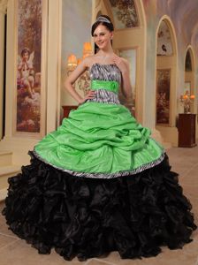 Clearance Zebra Print Spring Green and Black Quinceanera Gown