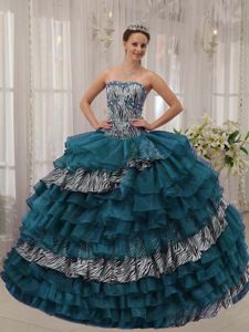 Unique Zebra Print Turquoise Ruffled Layers Quinceanera Dresses for Minor Pageants