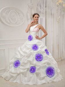 White One Shoulder Beaded Quince dress with Lavender Flowers