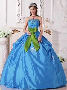 Aqua Blue Strapless Beaded Dress for Sweet 15 with Green Bow