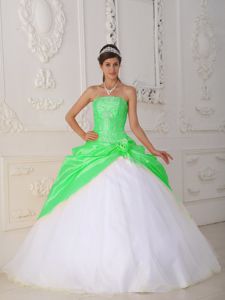 Spring Green and White Ball Gown Beaded Sweet 15 Dresses