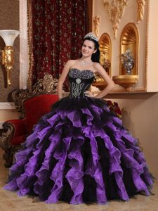Organza Beaded Ruffled Black and Purple Dress for Sweet 15