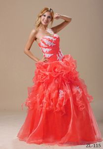 Appliques Accent Coral Red Strapless Ruffled Dress for Sweet 15