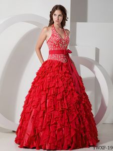 Red Halter Top Ruffled Embroidery Dresses of 15 with Bow Sash