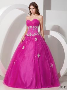 Popular Fuchsia Beaded Appliques Sweetheart Dress for Sweet 15
