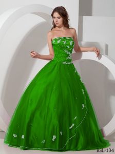 Grass Green Ball Gown Beading Strapless Appliques Dresses of 15