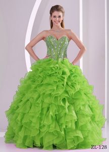 Spring Green Sweetheart Sequins Ruffled Dress for Sweet 15