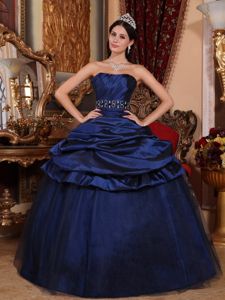 Navy Blue Strapless Ruched Bodice Dress for Sweet 15 with Belt