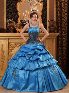 Blue Spaghetti Appliques Pick-ups Pleated Dress for Quinceanera