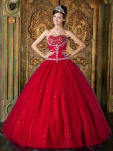 Red Sweetheart Pleated Beading Appliques Dress for Quinceanera