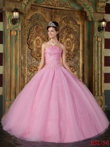 Rose Pink Strapless Appliques Ruched Bodice Sweet 16 Dresses