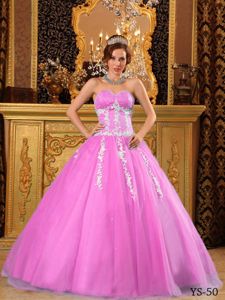 Pink Beading Appliqued Tulle Strapless Quince Dresses Designer