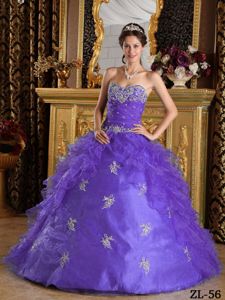 Lavender Beading Appliqued Bodice Ruffled Quince Party Dress