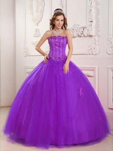 Purple Tulle Ball Gown Beading Strapless Quince Dresses