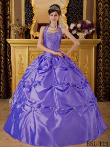 Purple Appliques Halter Top Pick-ups Quinceanera Gown