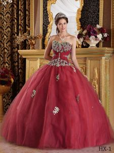 Wine Red Ball Gown Appliques Beaded Sweetheart Quince Dress